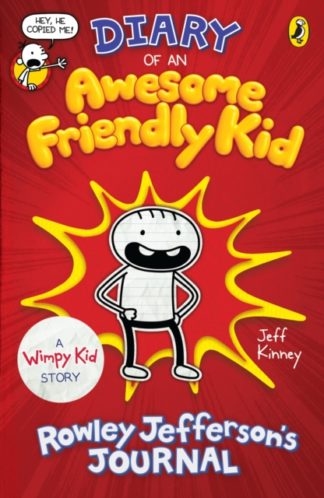 cover of Awesome Friendly Kid. A red cover with a yellow-bordered explosion cartoon border, in which stands a pencil-lined cartoon drawing of a boy with a wide open mouth and hands on his hips